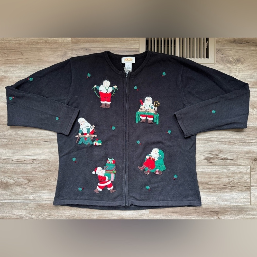 TALBOTS Woman’s Christmas Santa Claus Full Zip Cardigan Sweater Black Size L